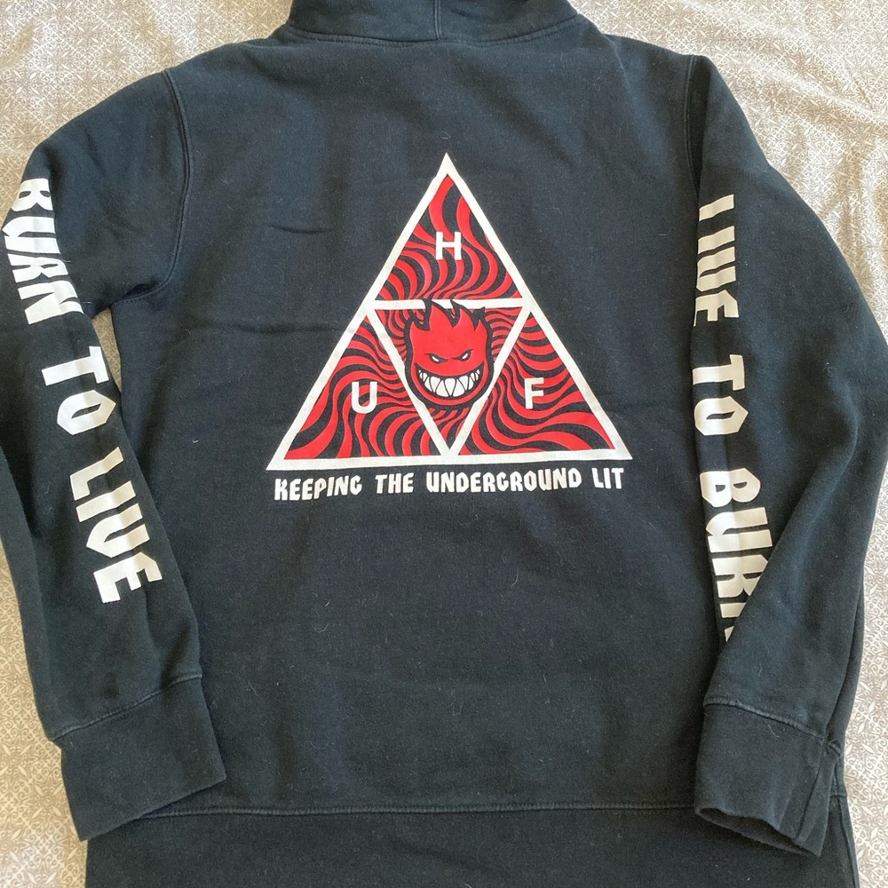 EUC black HUF Burn to Live/Live to Burn hoody, size M.
